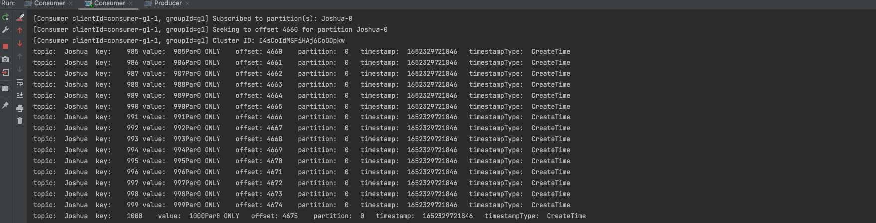 Joshua partition-0 offset 4660开始消费