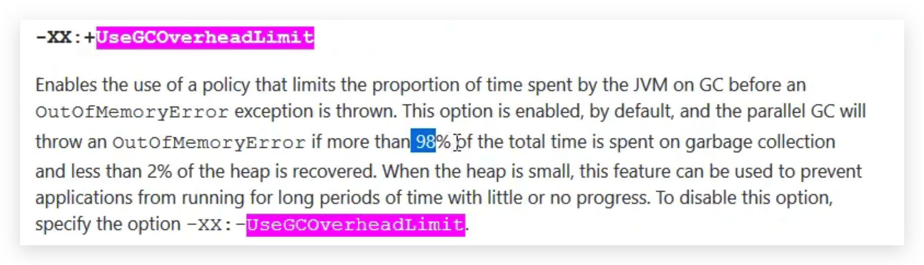 JVM参数UseGCOverheadLimit的官方解释