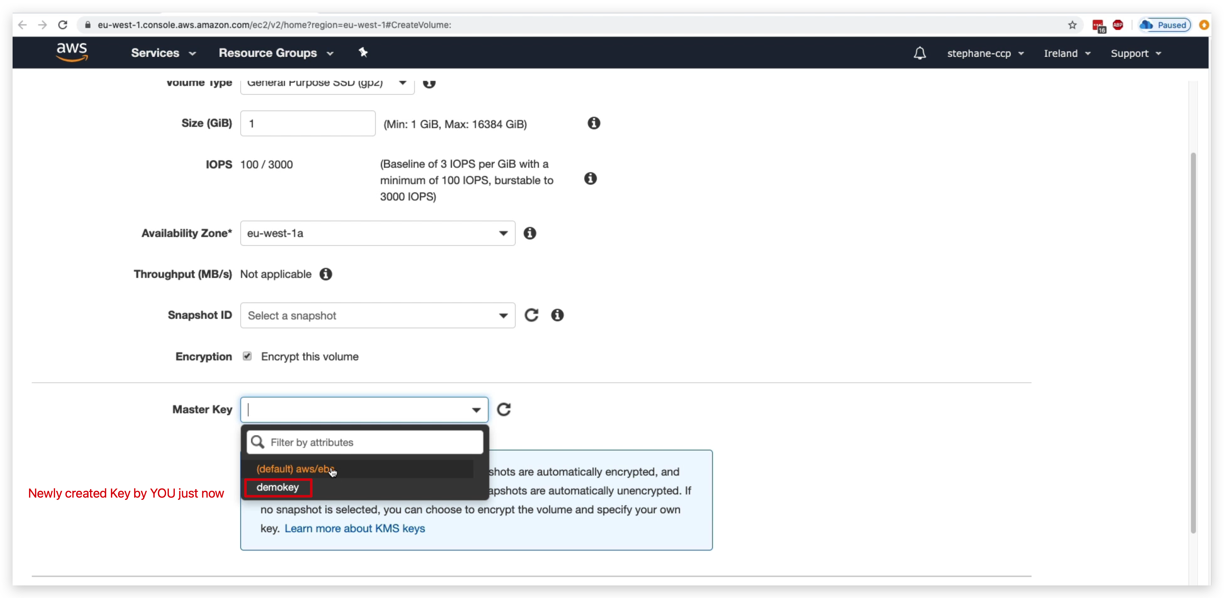 Example of specifying the encryption key with a CMK when creating an EBS