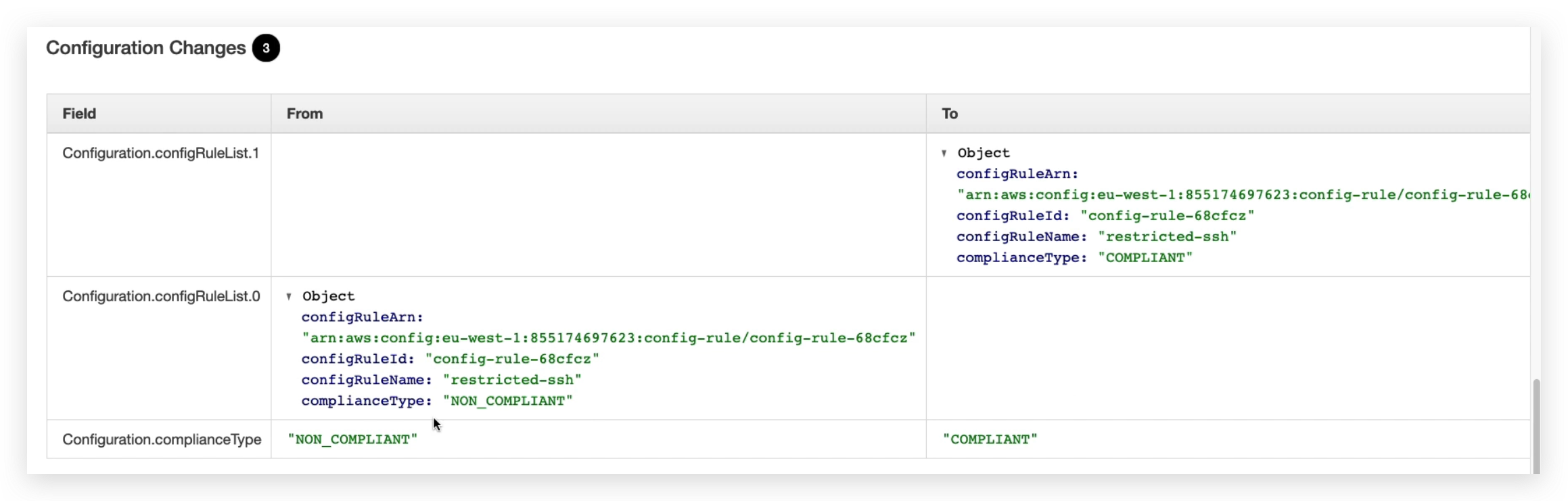 detailed configuration change list