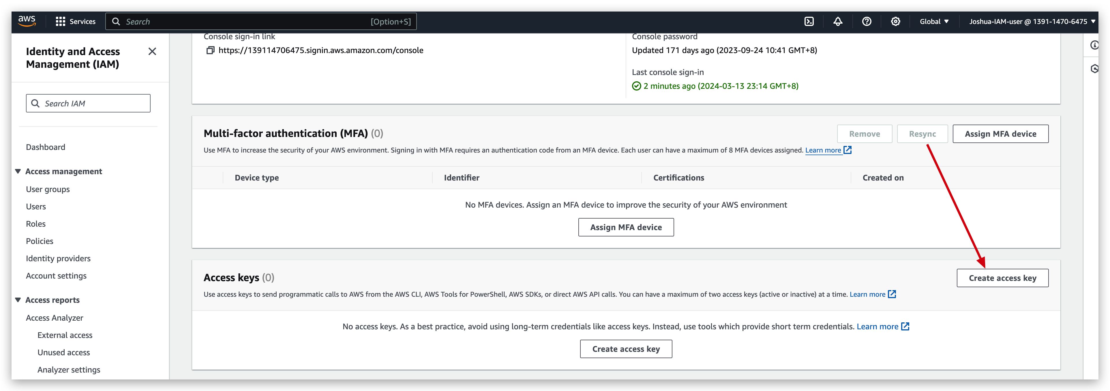 Click the button to create access key