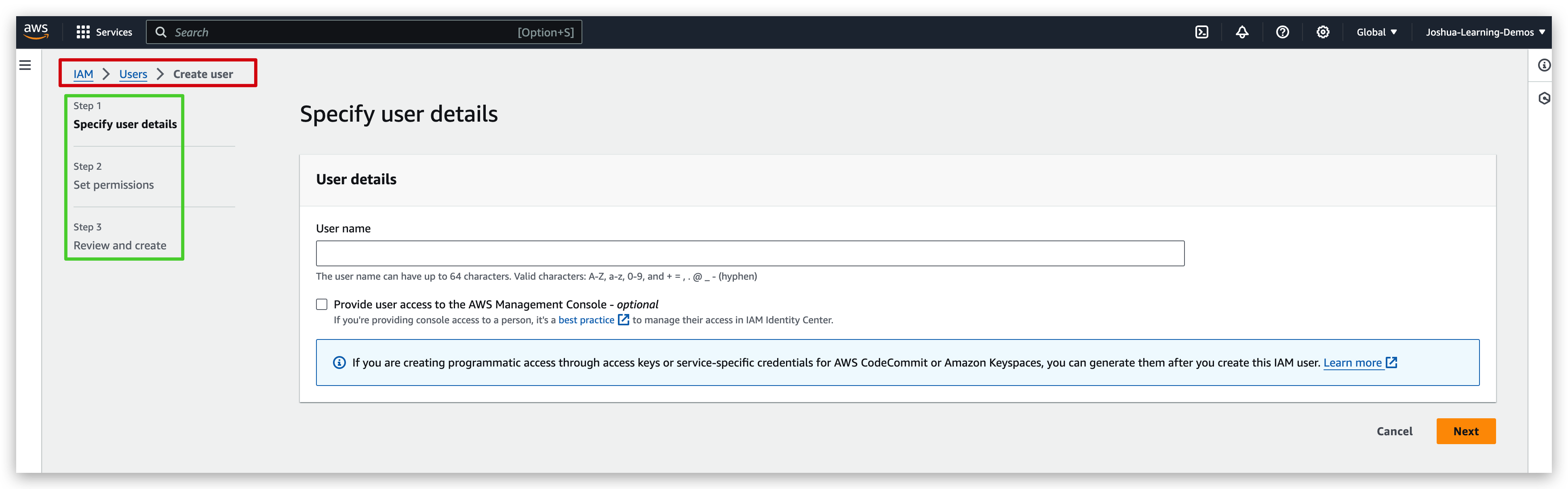 Direct to the Create User page of IAM service and complete the details 