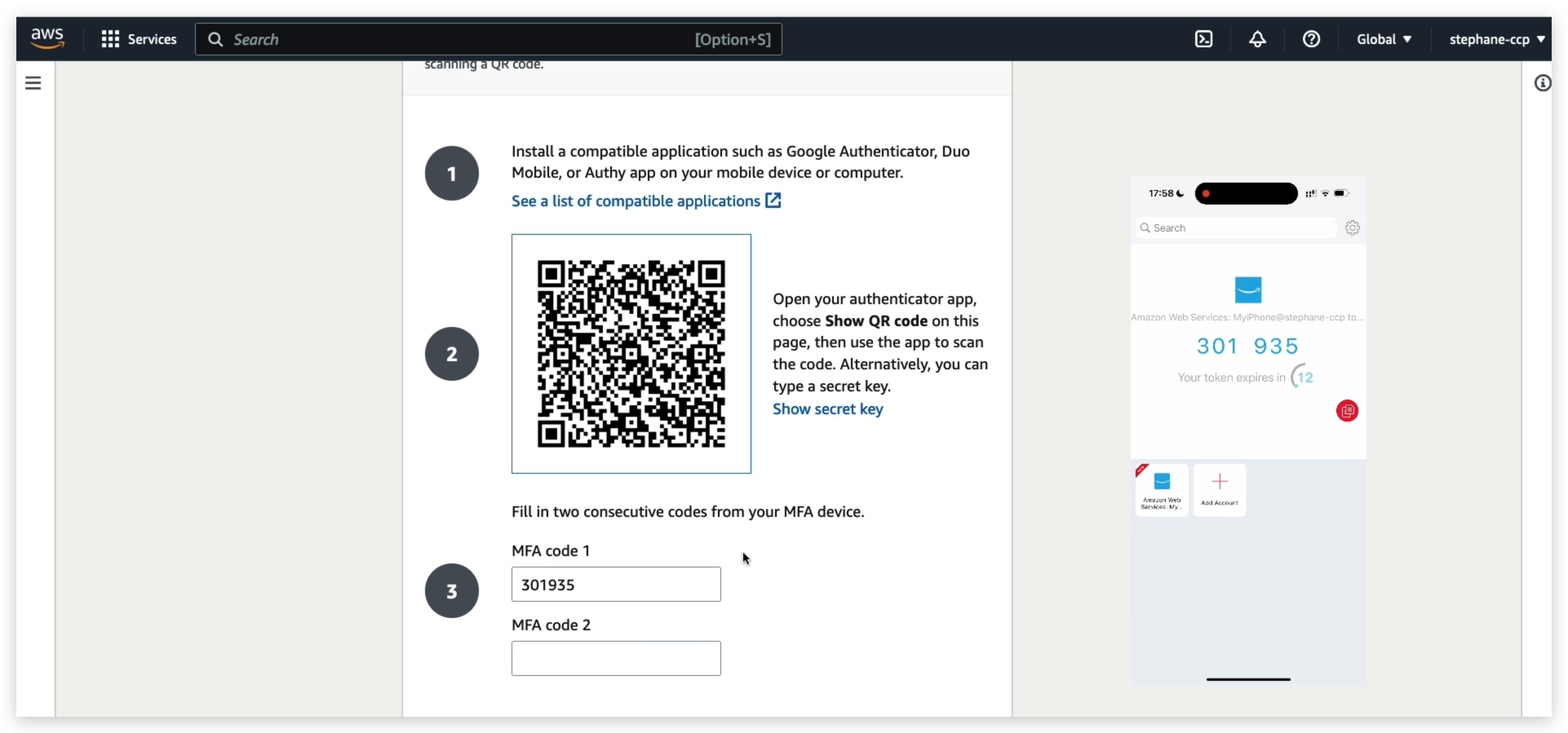 Follow the prompt to scan the QRcode and enter 2 successive MFA codes 