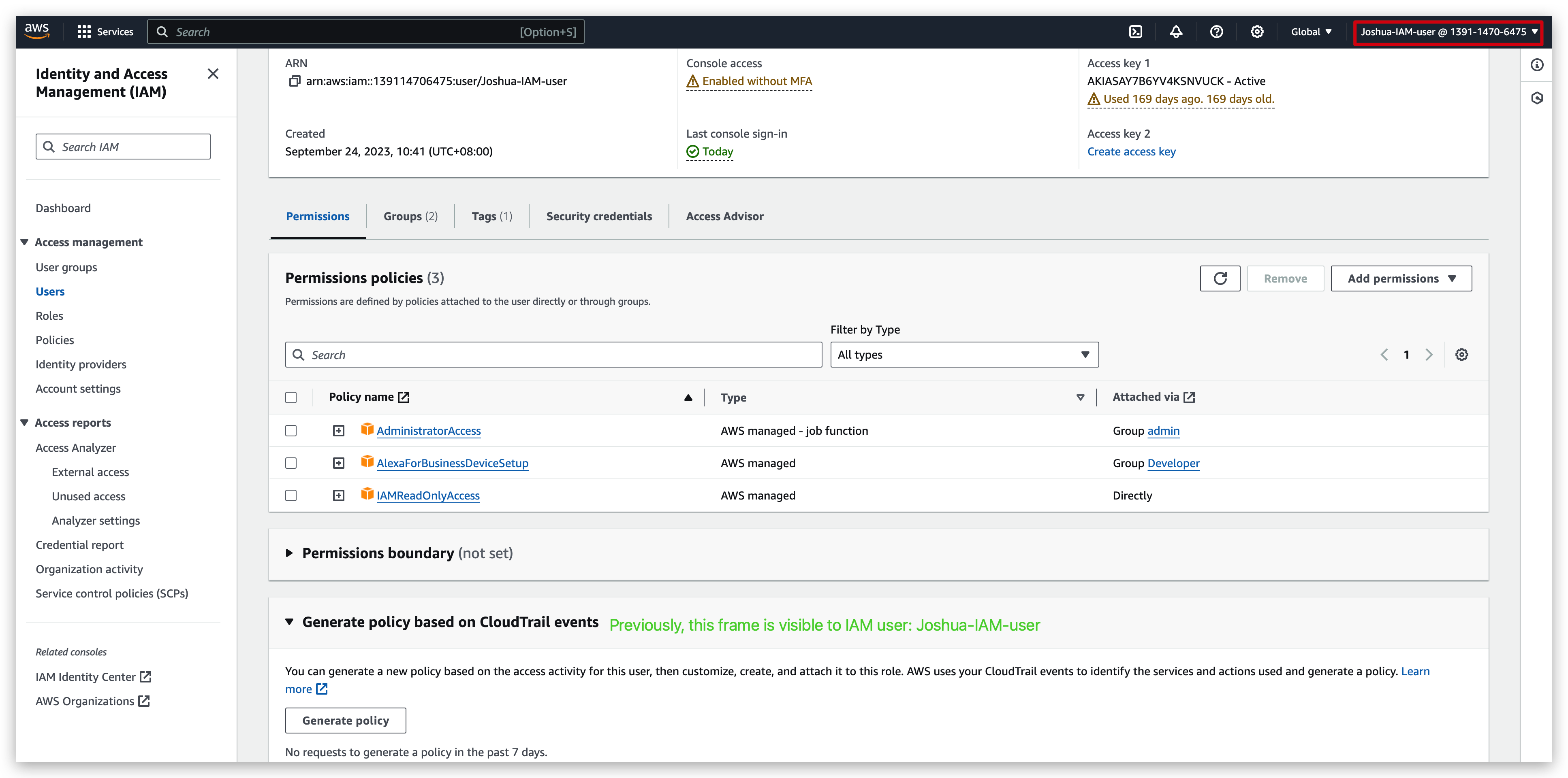 Generate Policy is previously visible to IAM user