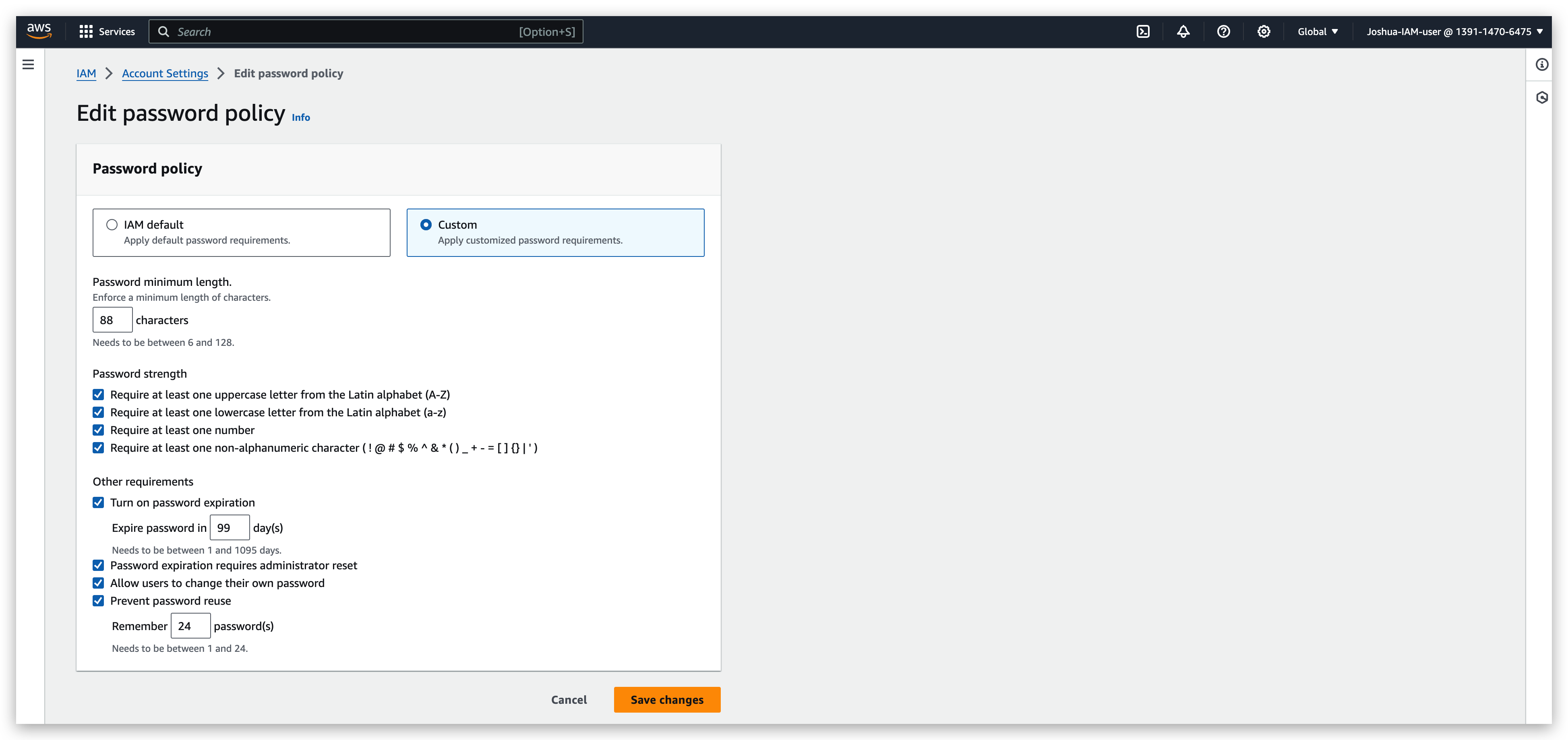 IAM password policy customization