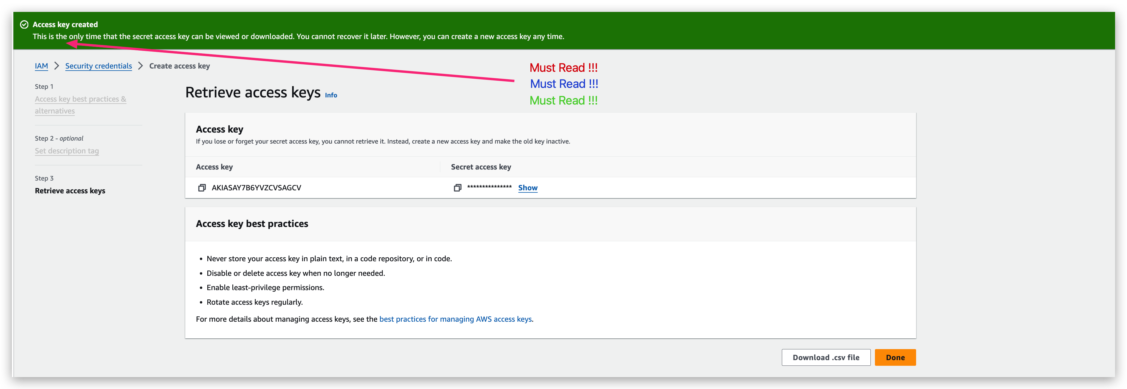 Success prompt of access key creation