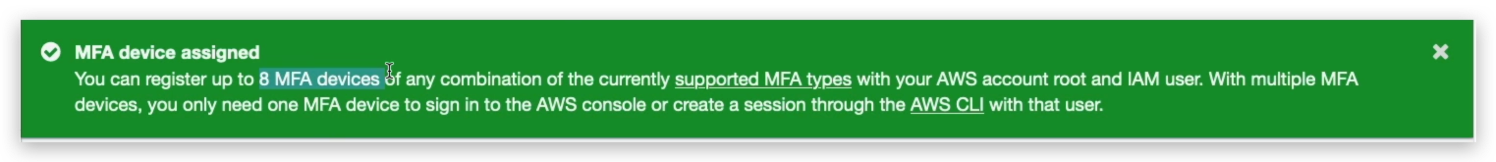 Success signal of MFA assigning