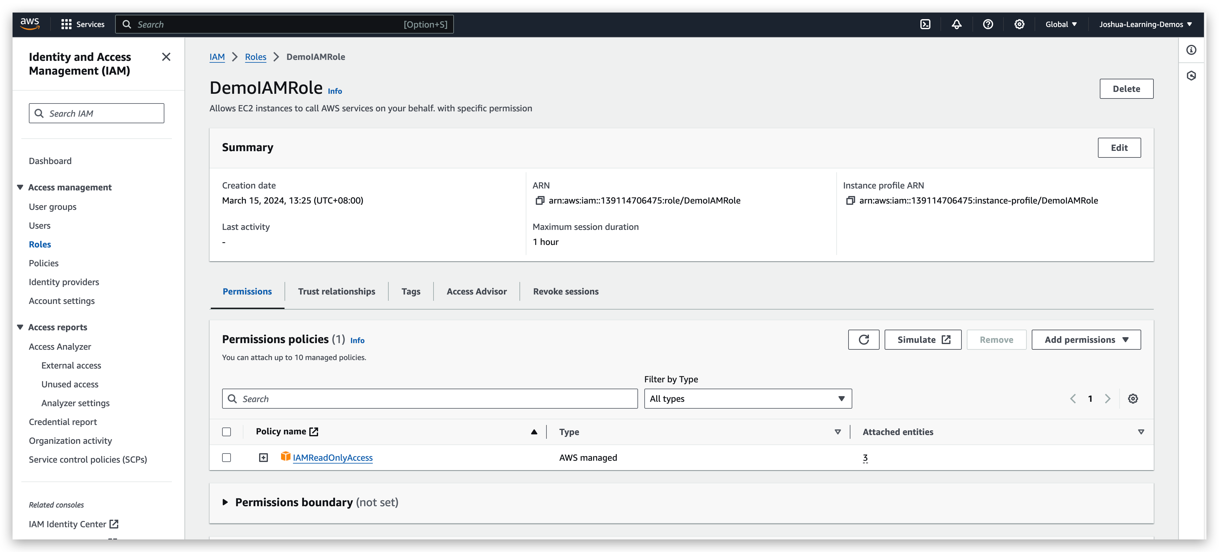 Verify the information of the IAM role just created