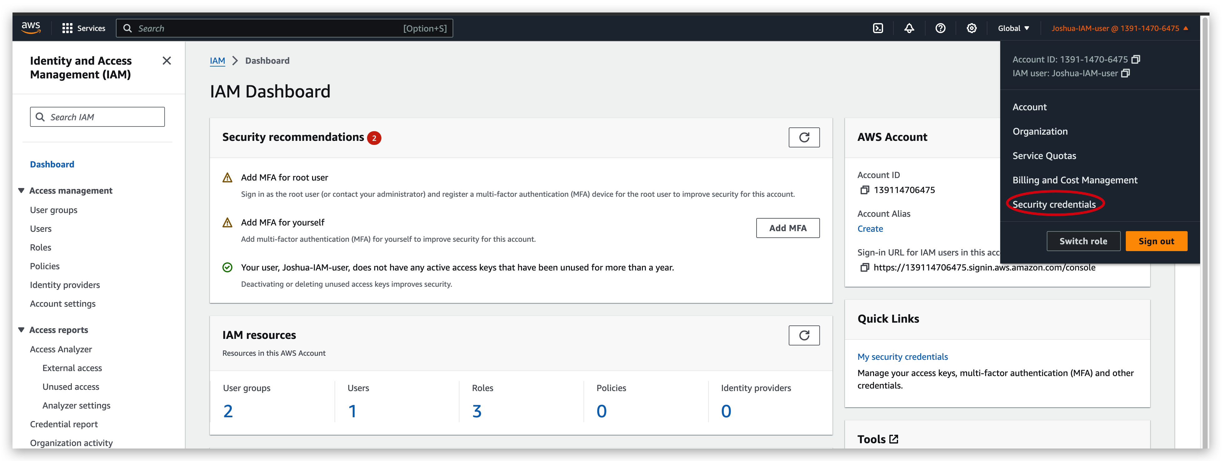 direct to the security credentials page