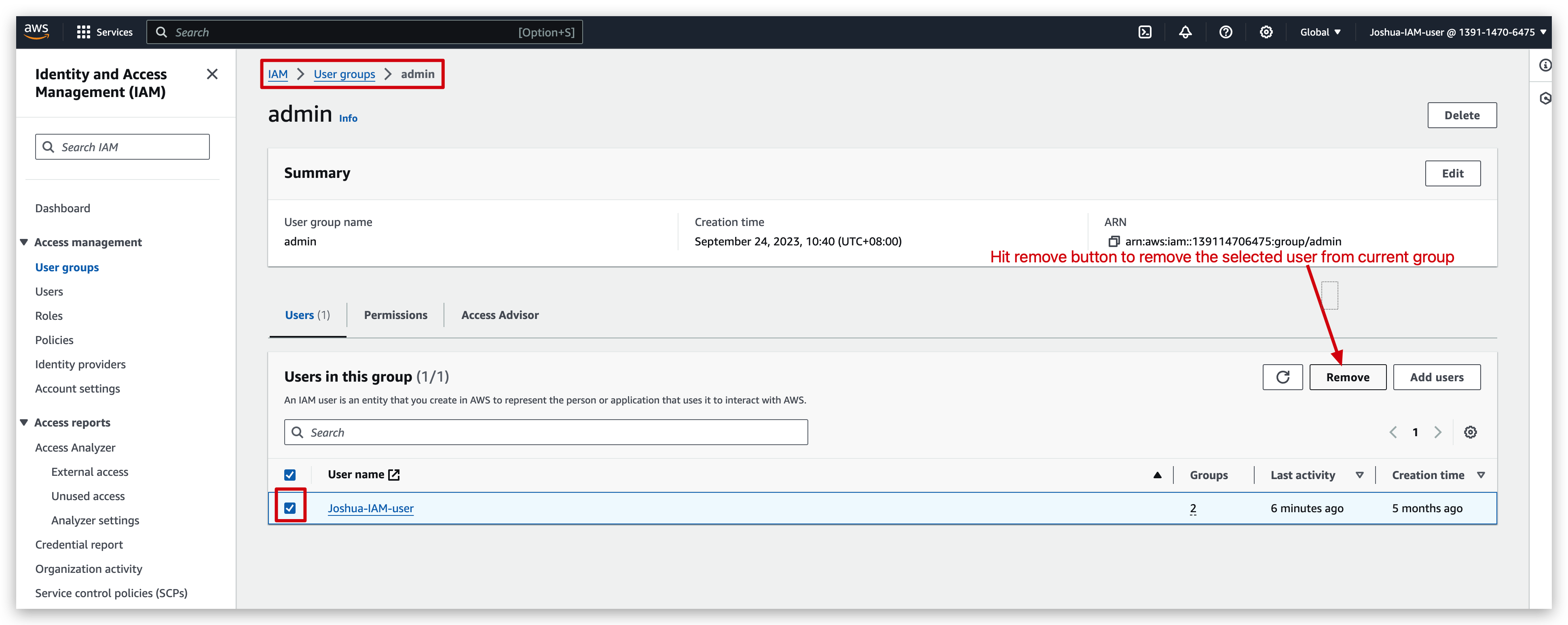 remove the IAM user from admin group