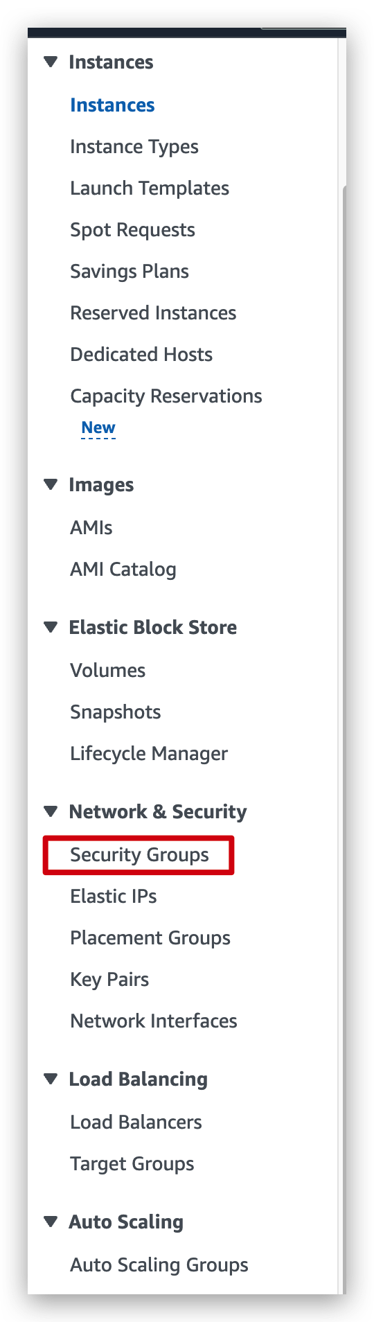 Security Group dashboard menu