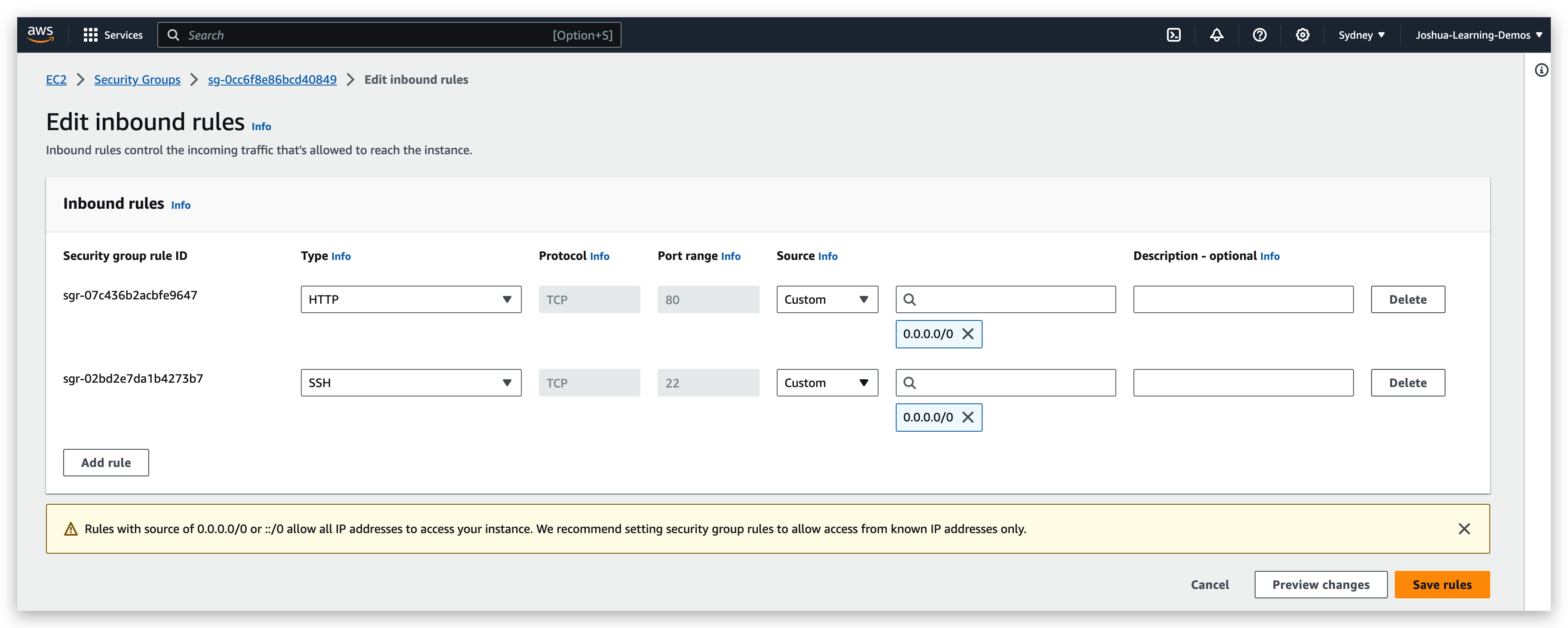 Security Group inbound rule representation