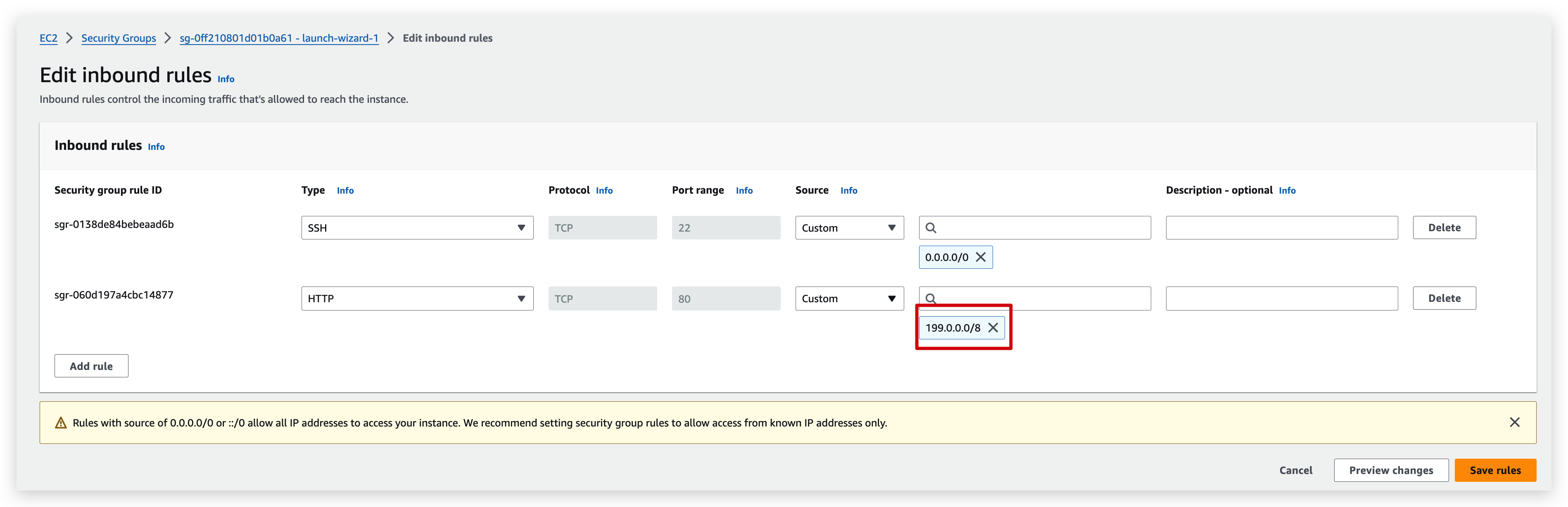 Source of inbound rule lanuch wizard 1 was specified